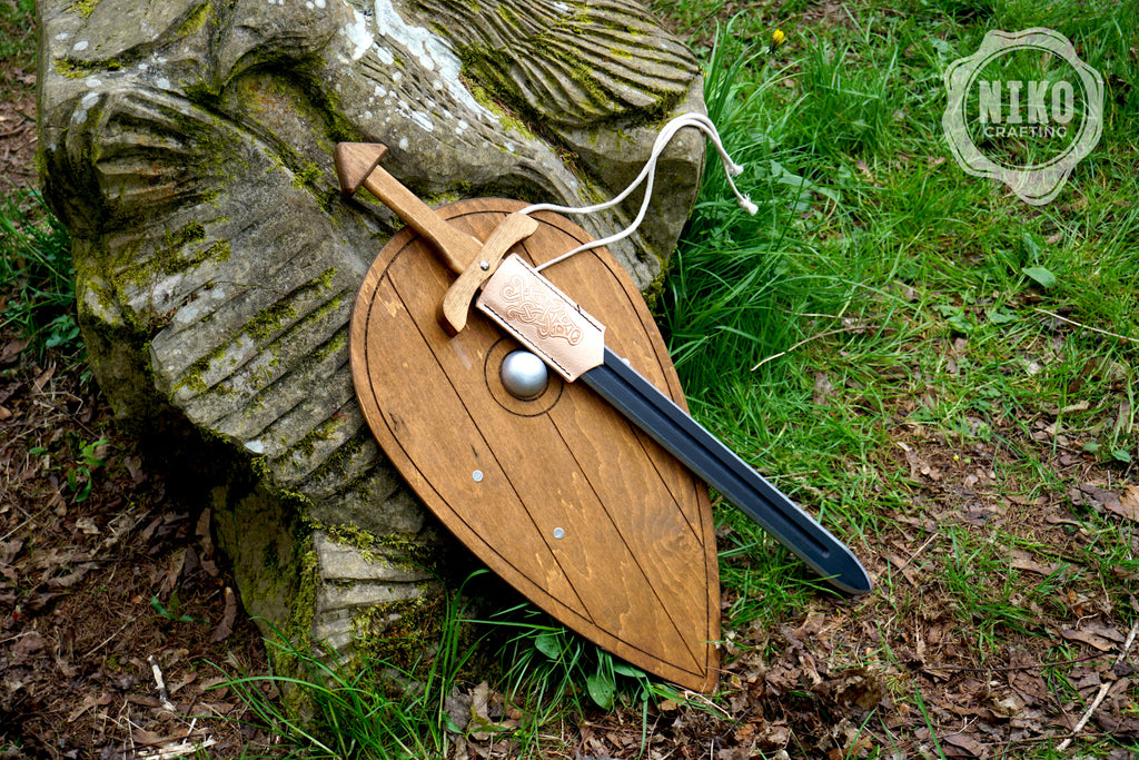 Wooden Viking Sword and Almond Shield - Handmade Personalised Toy - B