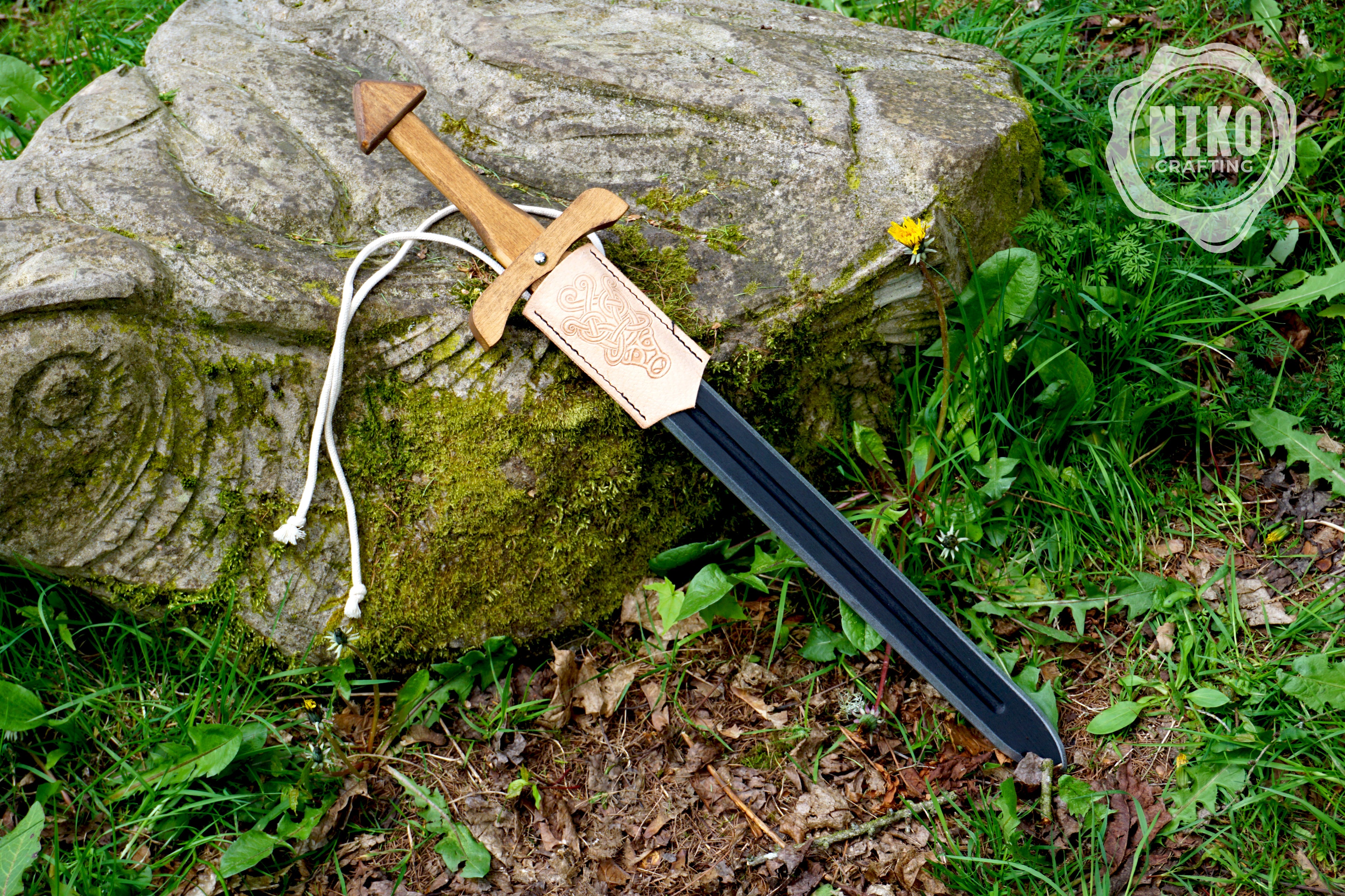 Wooden Viking Toy Sword with Leather Scabbard – Handmade, Personalised Toy - B