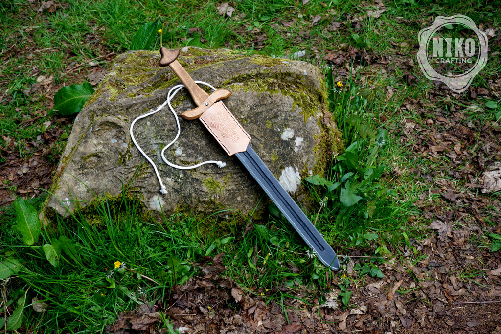 Wooden Viking Toy Sword with Leather Scabbard – Handmade, Personalised Toy - C