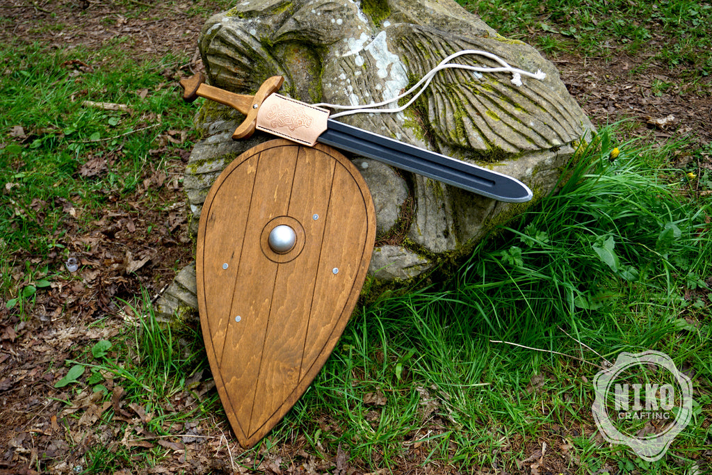 Wooden Viking Sword and Almond Shield - Handmade Personalised Toy - C