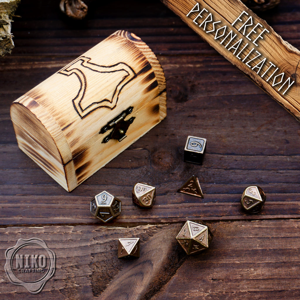 Metal Dice in Wooden Box - Pyrography: Mjolnir - Hand-made, Personalized Dungeons and dragons Gift
