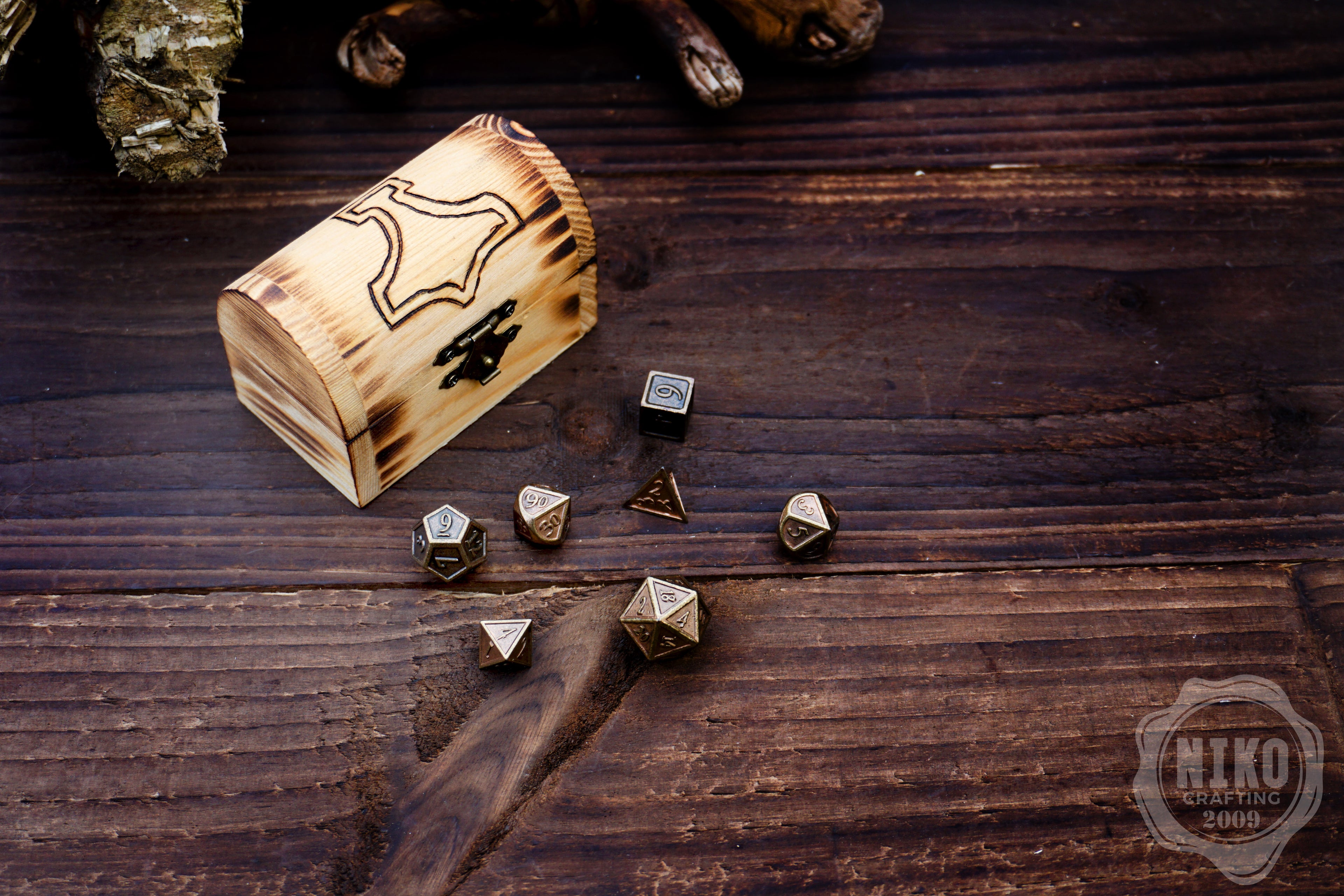Metal Dice in Wooden Box - Pyrography: Mjolnir - Hand-made, Personalized Dungeons and dragons Gift