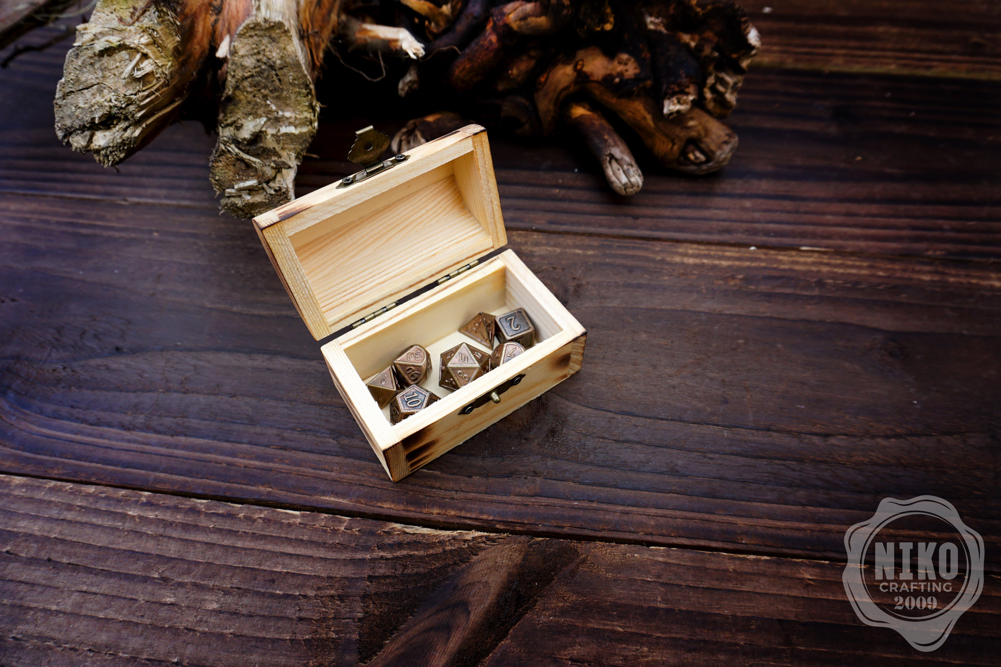 Metal Dice in Wooden Box - Pyrography: Mjolnir - Hand-made, Personalized Dungeons and dragons Gift