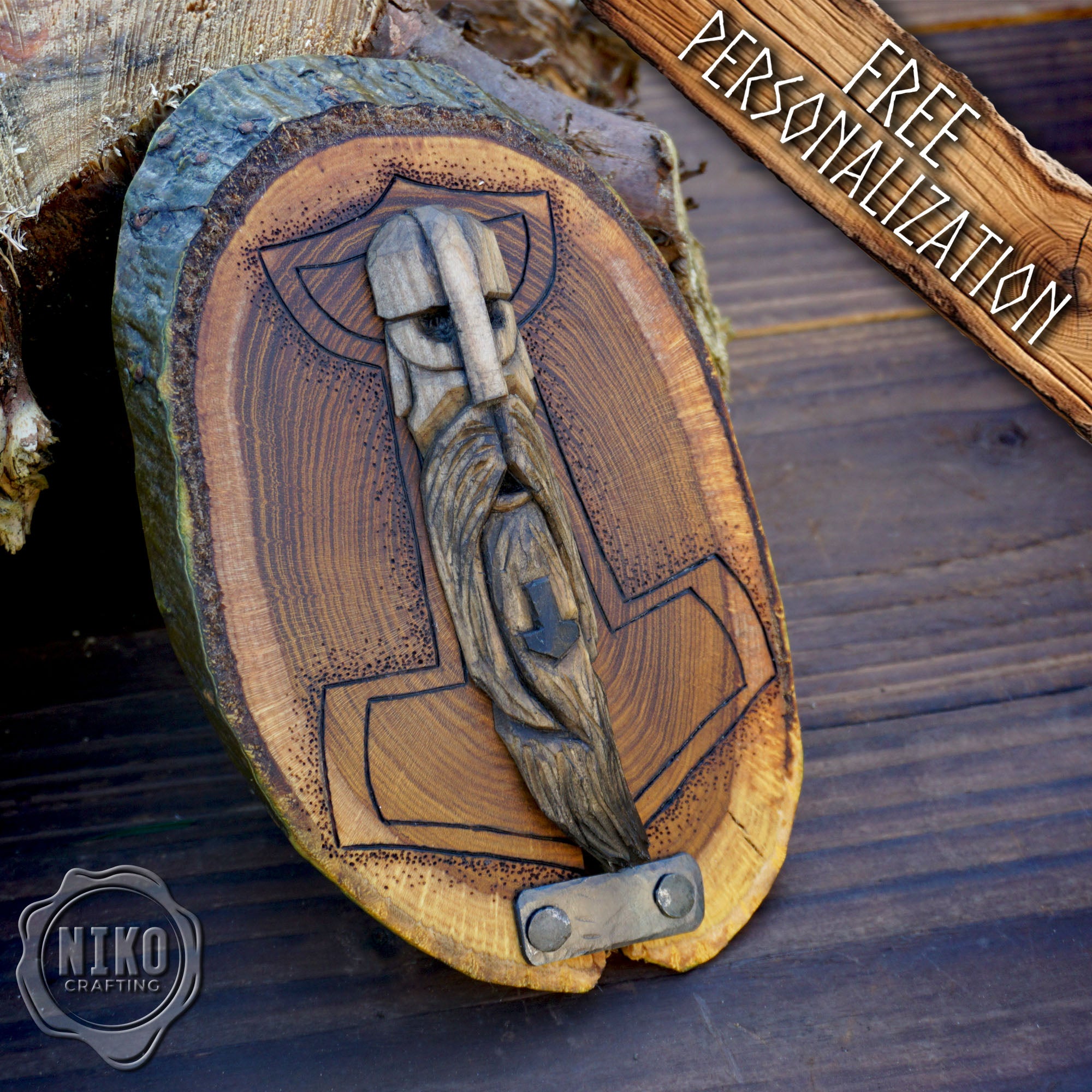 Hand Carved Thor Wall Art – Lime Wood, Laburnum Mjolnir Viking Norse Decor