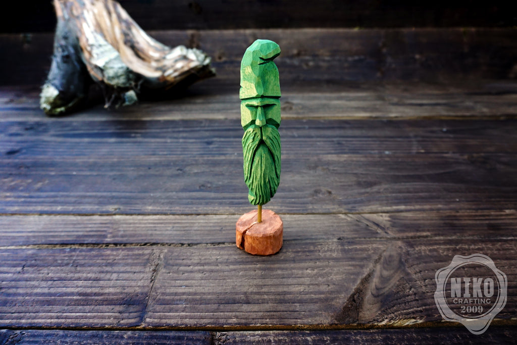 Hand-Carved Bearded Viking- Whittled Standing Figurine. Personalised Green Viking in Hat