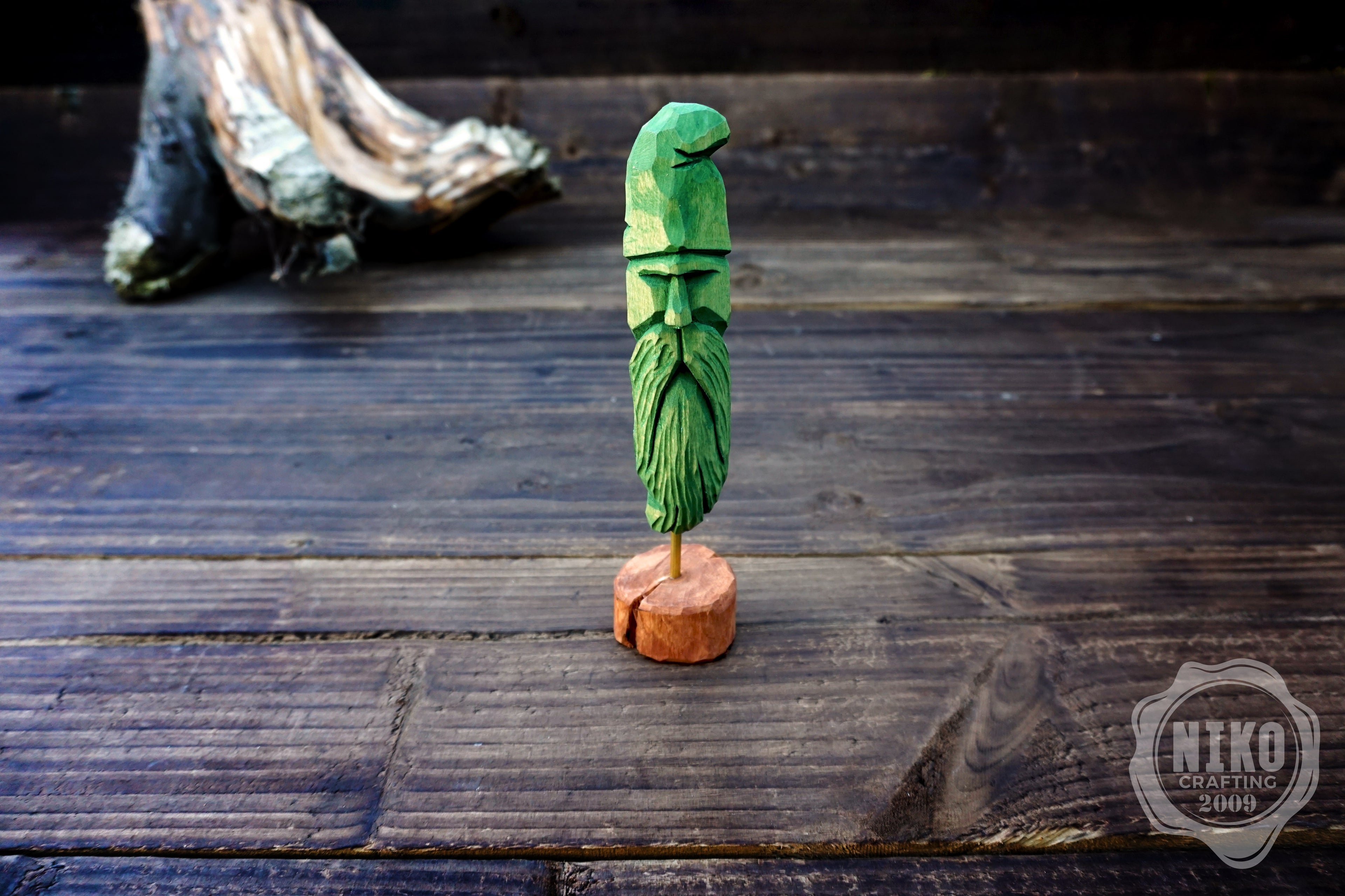 Hand-Carved Bearded Viking- Whittled Standing Figurine. Personalised Green Viking in Hat