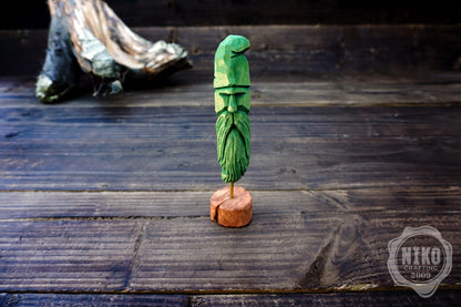 Hand-Carved Bearded Viking- Whittled Standing Figurine. Personalised Green Viking in Hat