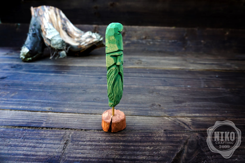 Hand-Carved Bearded Viking- Whittled Standing Figurine. Personalised Green Viking in Hat