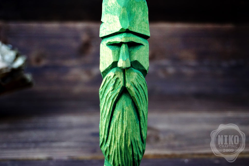 Hand-Carved Bearded Viking- Whittled Standing Figurine. Personalised Green Viking in Hat