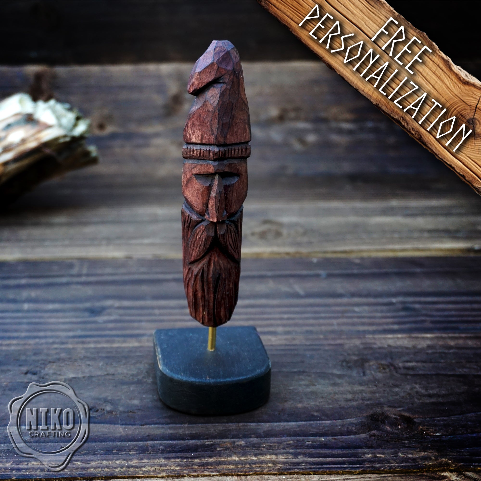 Hand-Carved Bearded Viking- Whittled Standing Figurine. Personalised Purple Viking in Hat