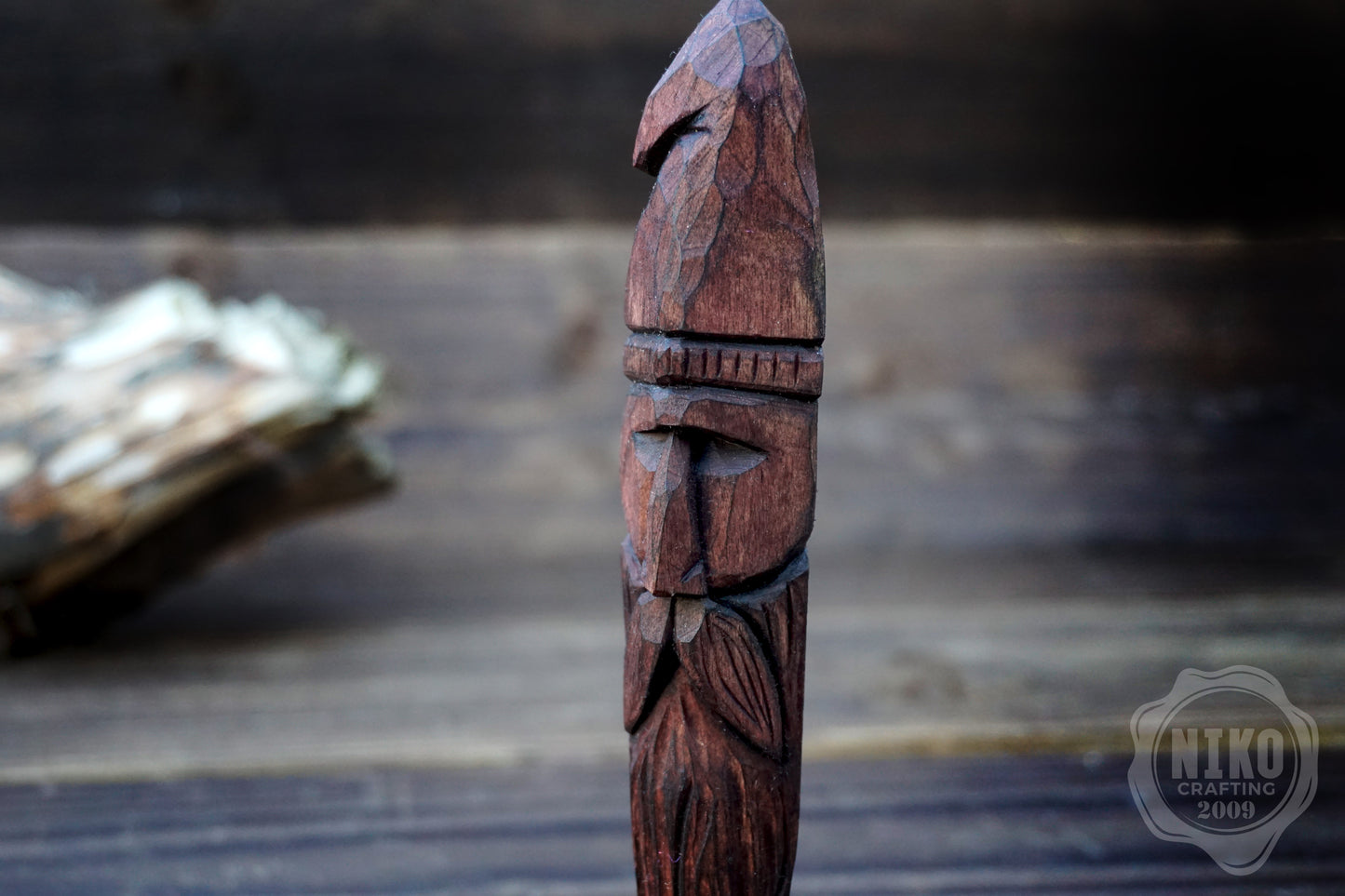 Hand-Carved Bearded Viking- Whittled Standing Figurine. Personalised Purple Viking in Hat
