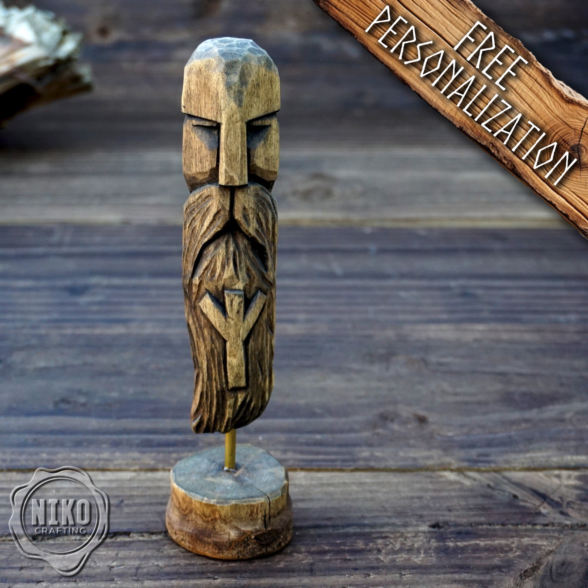 Hand-Carved Bearded Viking in Helmet - Whittled Standing Figurine. Personalised Gift