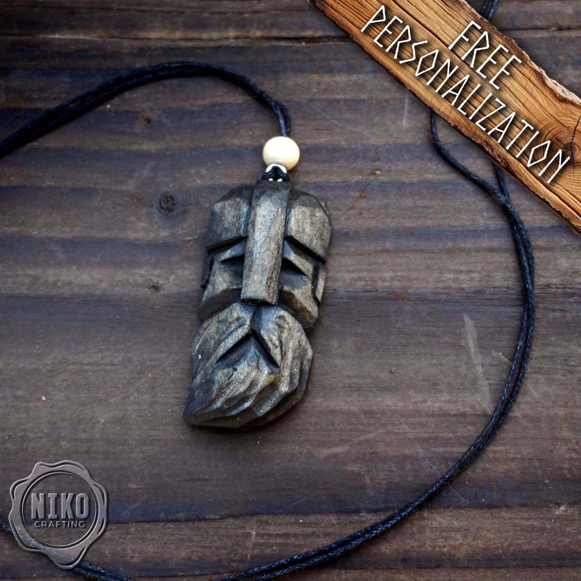 Hand-Carved Viking Pendant - Norse Jewellery. Black Wooden Necklace - Personalized whittling gift.