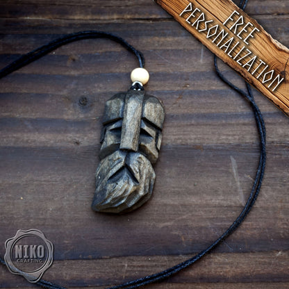 Hand-Carved Viking Pendant - Norse Jewellery. Black Wooden Necklace - Personalized whittling gift.