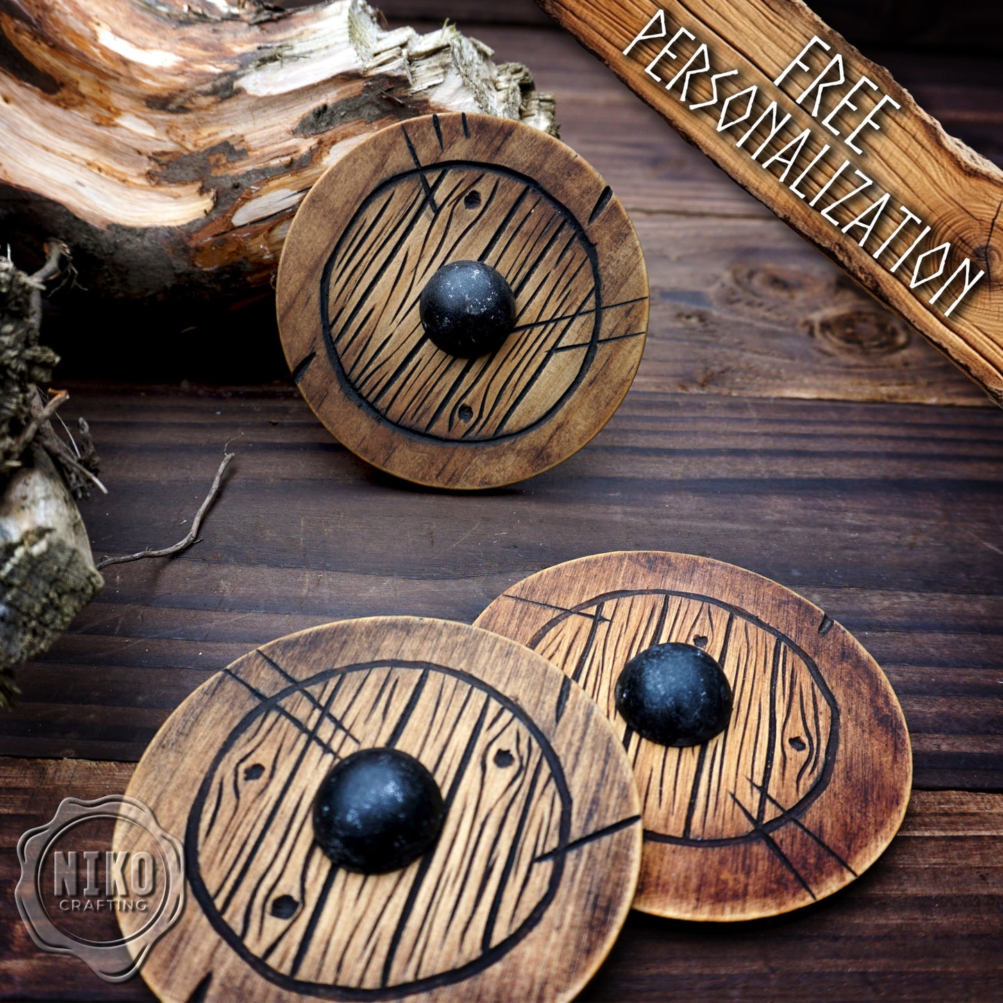 Wooden Fridge Magnet - Viking Round Shield: Hand-Carved,Personalised and Unique (b)