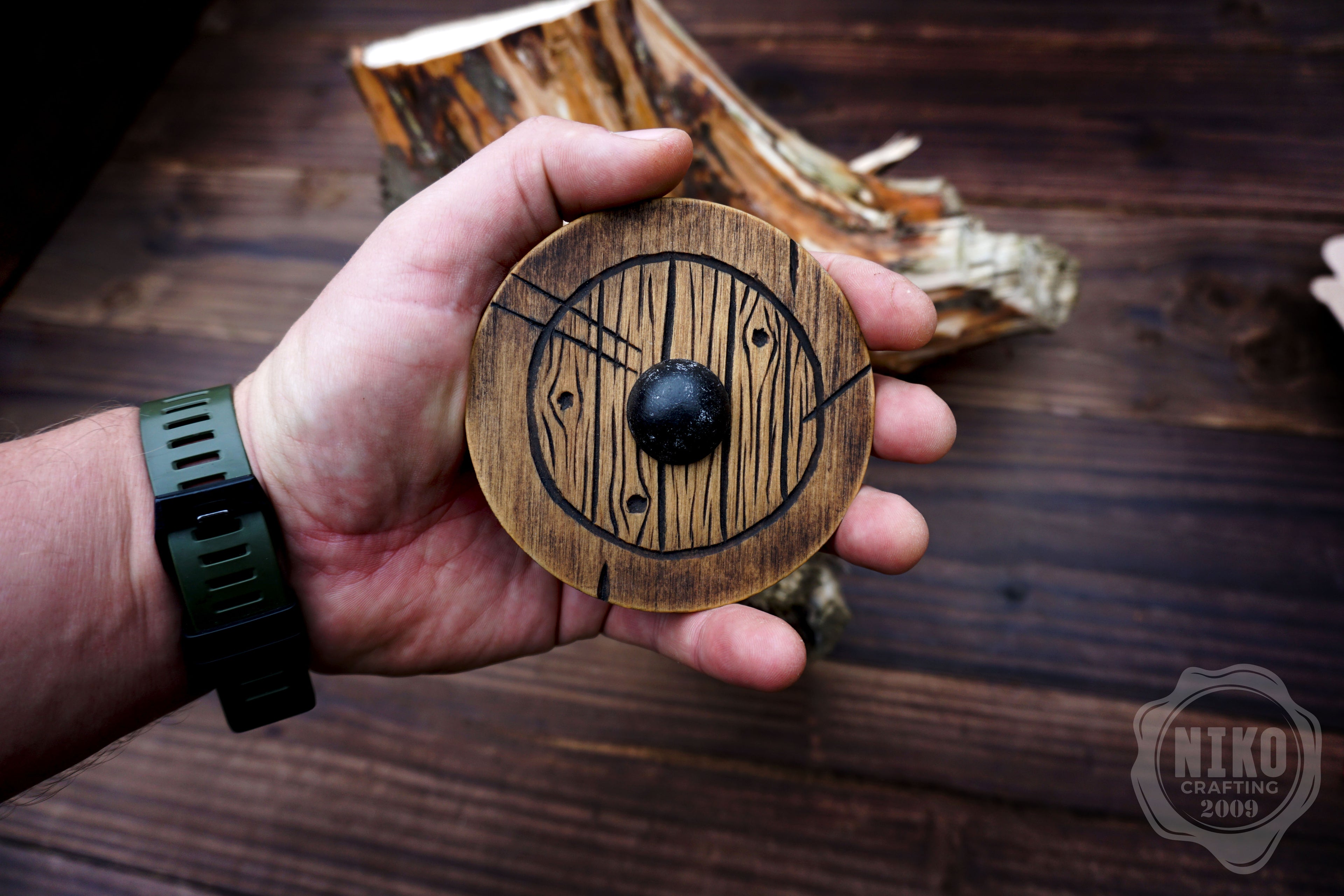Wooden Fridge Magnet - Viking Round Shield: Hand-Carved,Personalised and Unique (b)