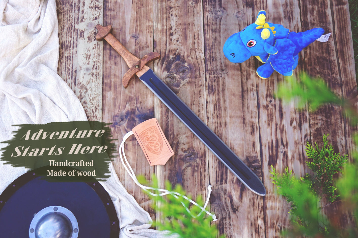 Wooden Viking Toy Sword with Leather Scabbard – Handmade, Personalised Toy - C