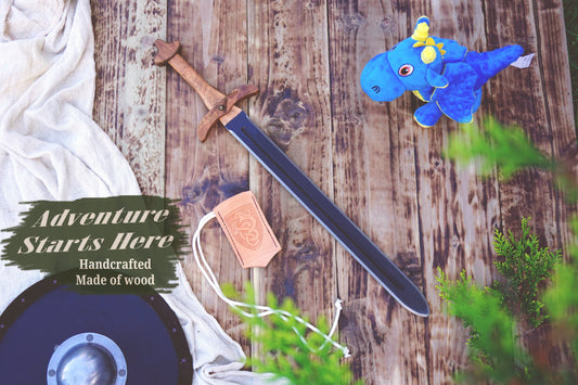 Wooden Viking Toy Sword with Leather Scabbard – Handmade, Personalised Toy - C
