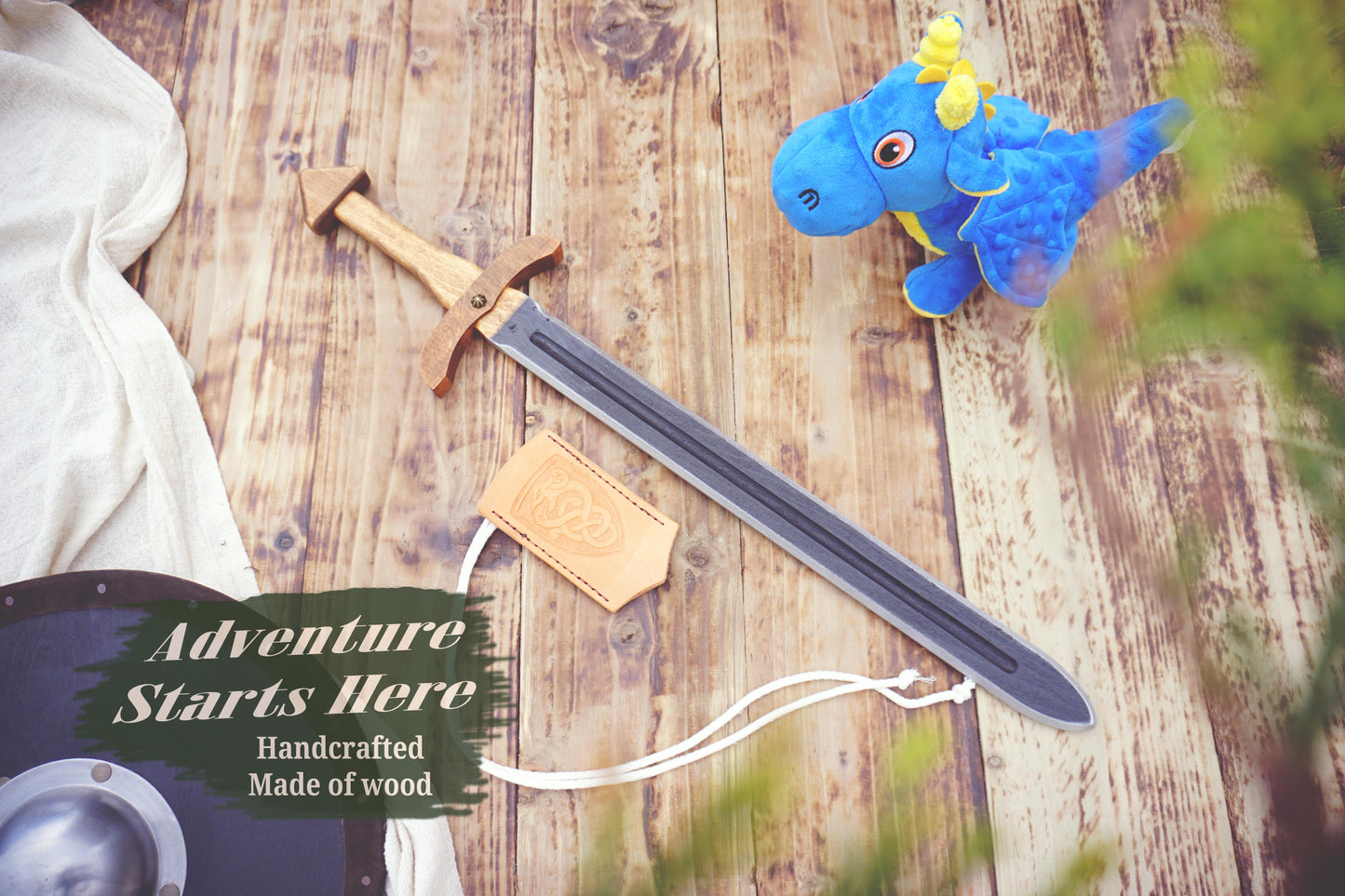 Wooden Viking Toy Sword with Leather Scabbard – Handmade, Personalised Toy - B