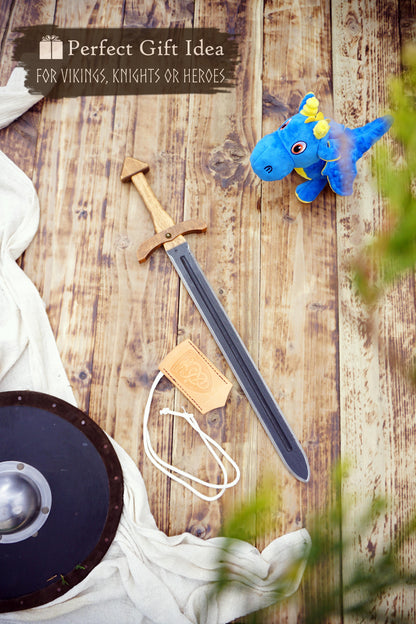 Wooden Viking Toy Sword with Leather Scabbard – Handmade, Personalised Toy - B