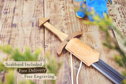 Wooden Toy Viking Sword and Round Shield Set: Handmade Personalised Gift - B
