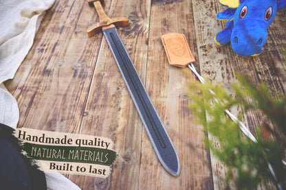 Wooden Toy Viking Sword and Round Shield Set: Handmade Personalised Gift - B