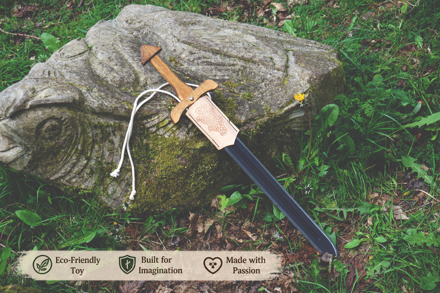 Wooden Viking Toy Sword with Leather Scabbard – Handmade, Personalised Toy - B