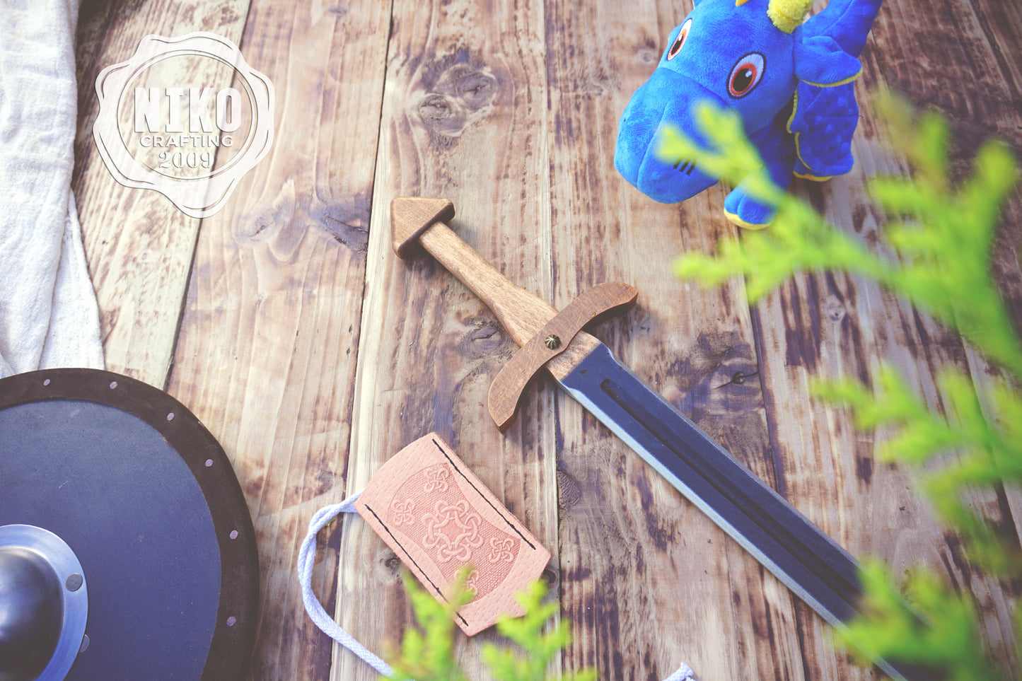 Wooden Toy Viking Sword and Round Shield Set: Handmade Personalised Gift - B