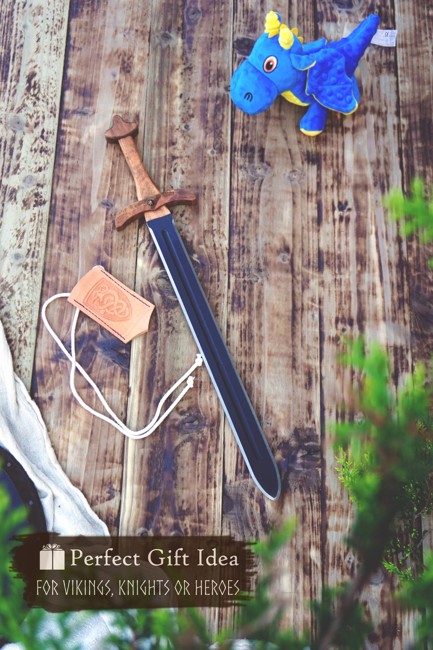 Wooden Viking Toy Sword with Leather Scabbard – Handmade, Personalised Toy - C