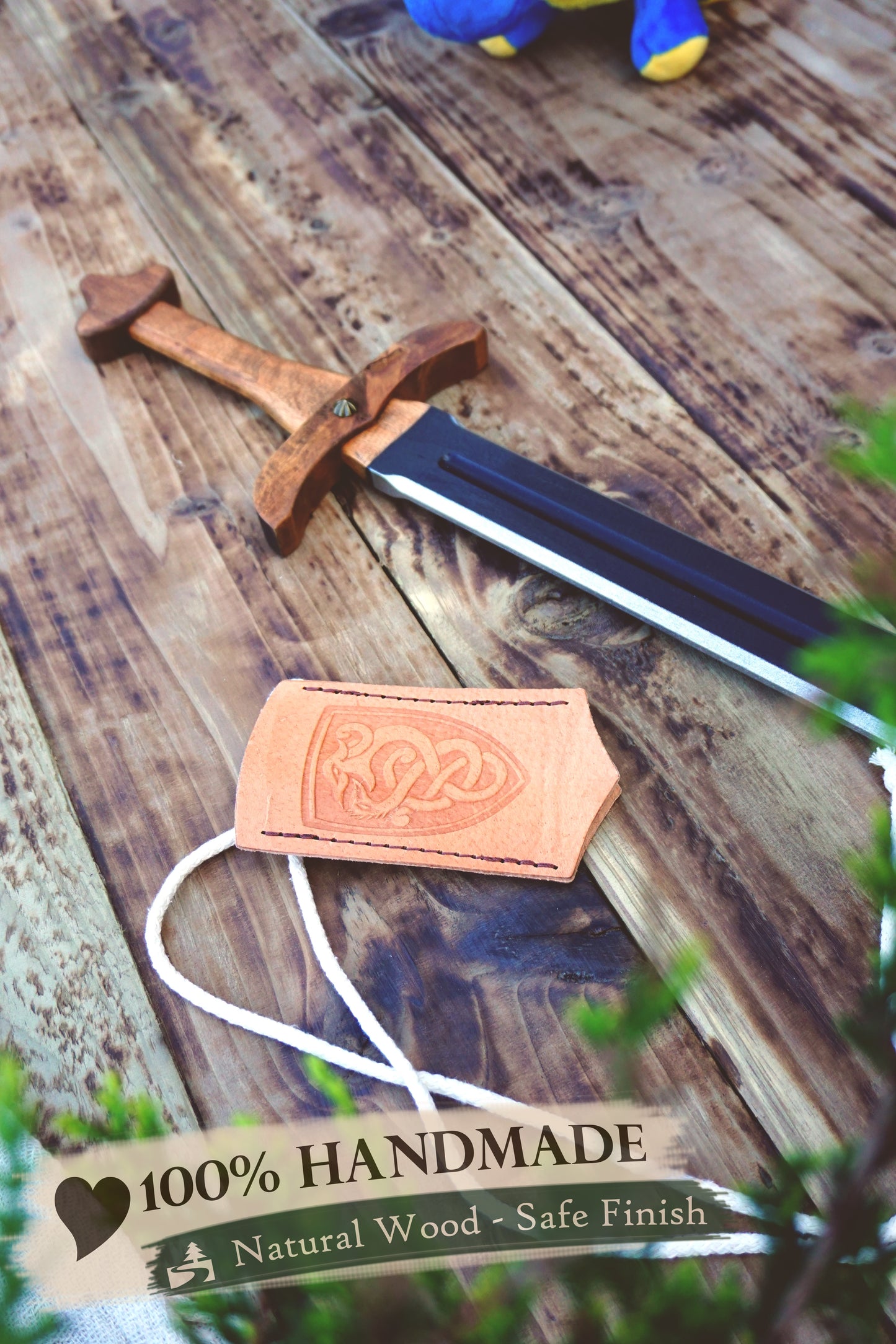 Wooden Viking Toy Sword with Leather Scabbard – Handmade, Personalised Toy - C