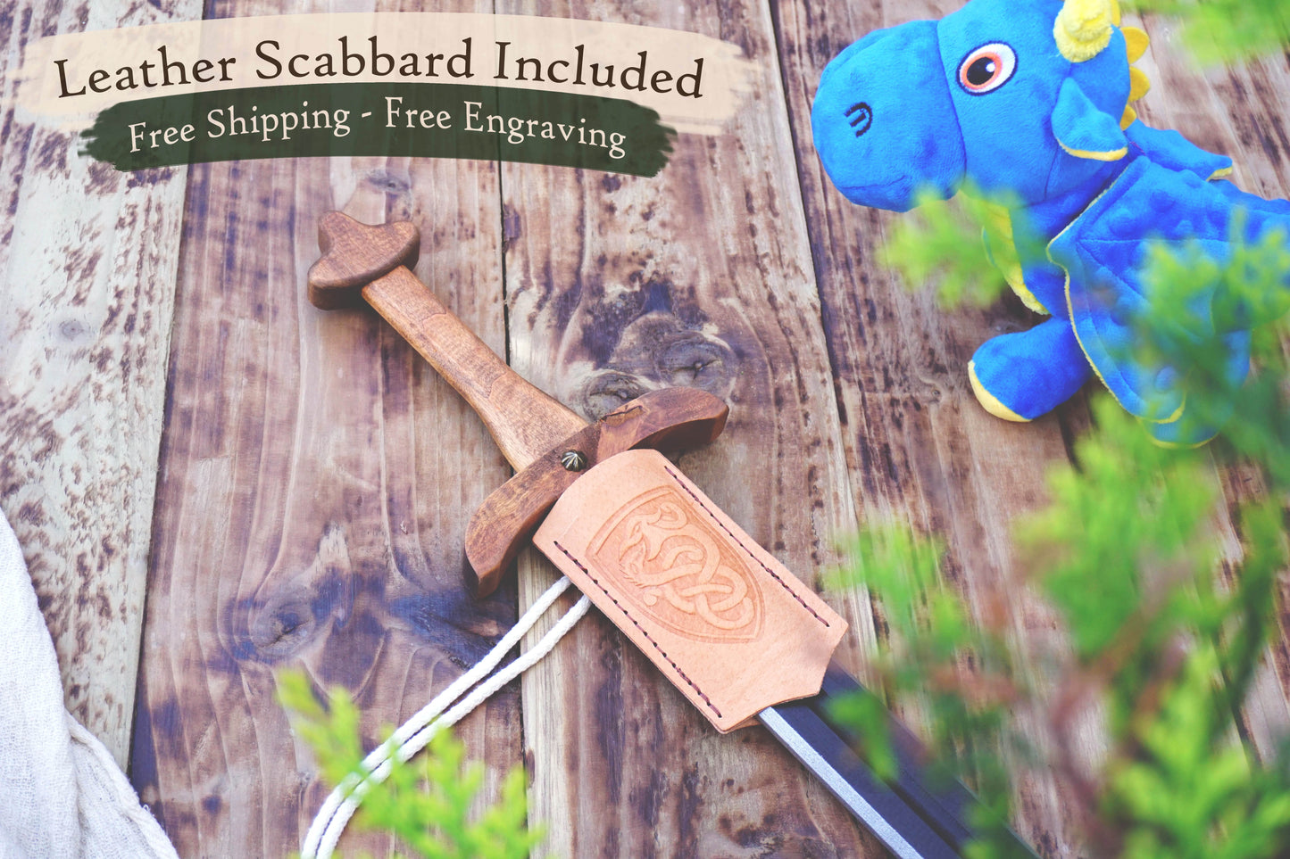 Wooden Viking Toy Sword with Leather Scabbard – Handmade, Personalised Toy - C