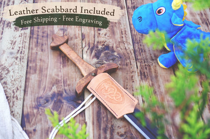 Wooden Viking Toy Sword with Leather Scabbard – Handmade, Personalised Toy - C