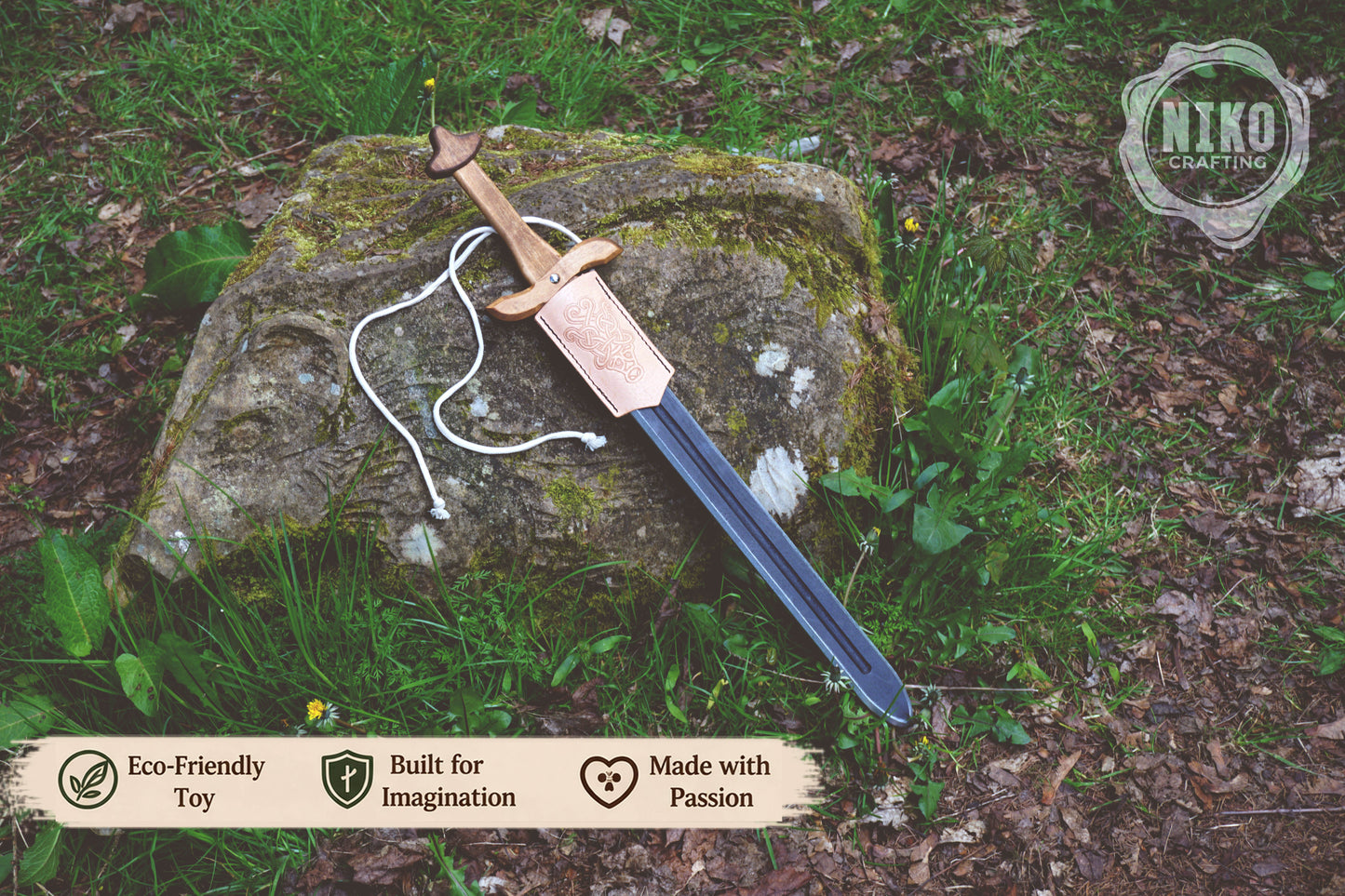 Wooden Viking Toy Sword with Leather Scabbard – Handmade, Personalised Toy - C