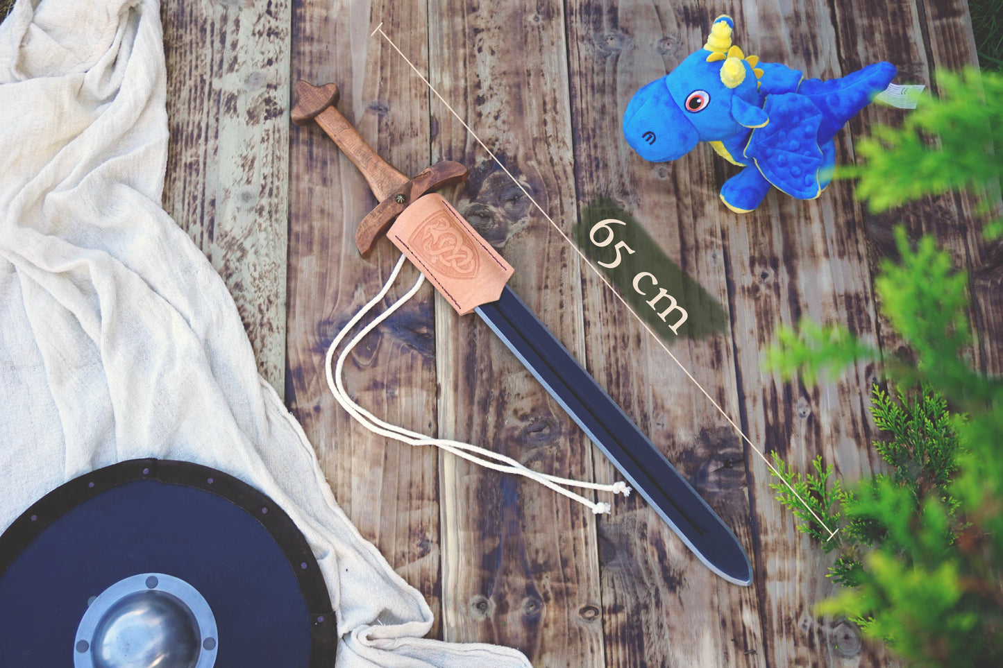 Wooden Viking Toy Sword with Leather Scabbard – Handmade, Personalised Toy - C
