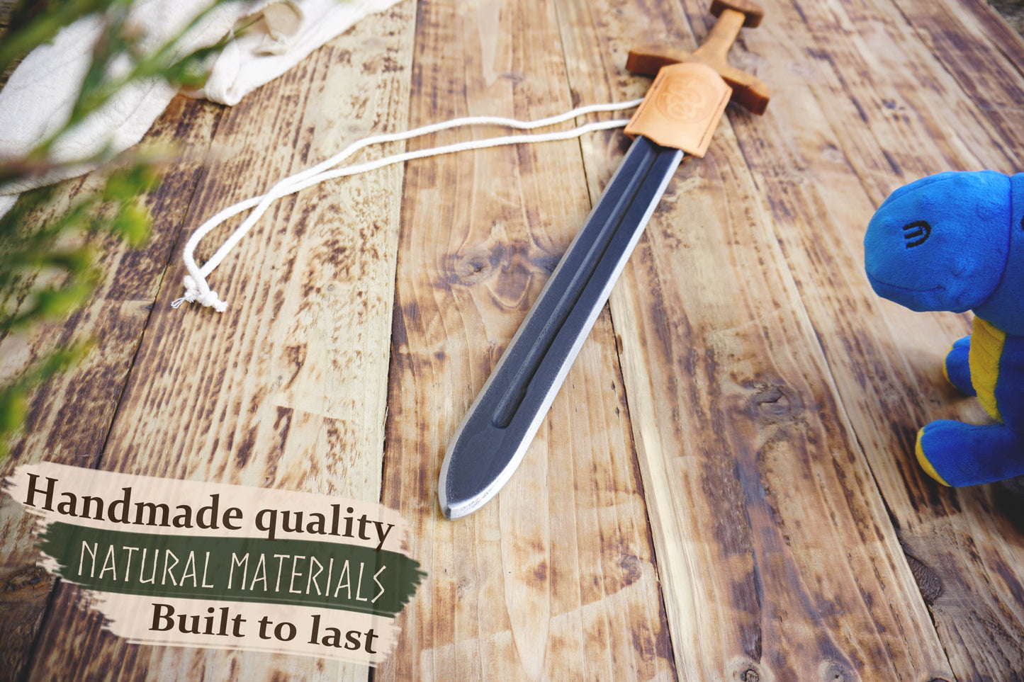 Wooden Viking Toy Sword with Leather Scabbard – Handmade, Personalised Toy - C