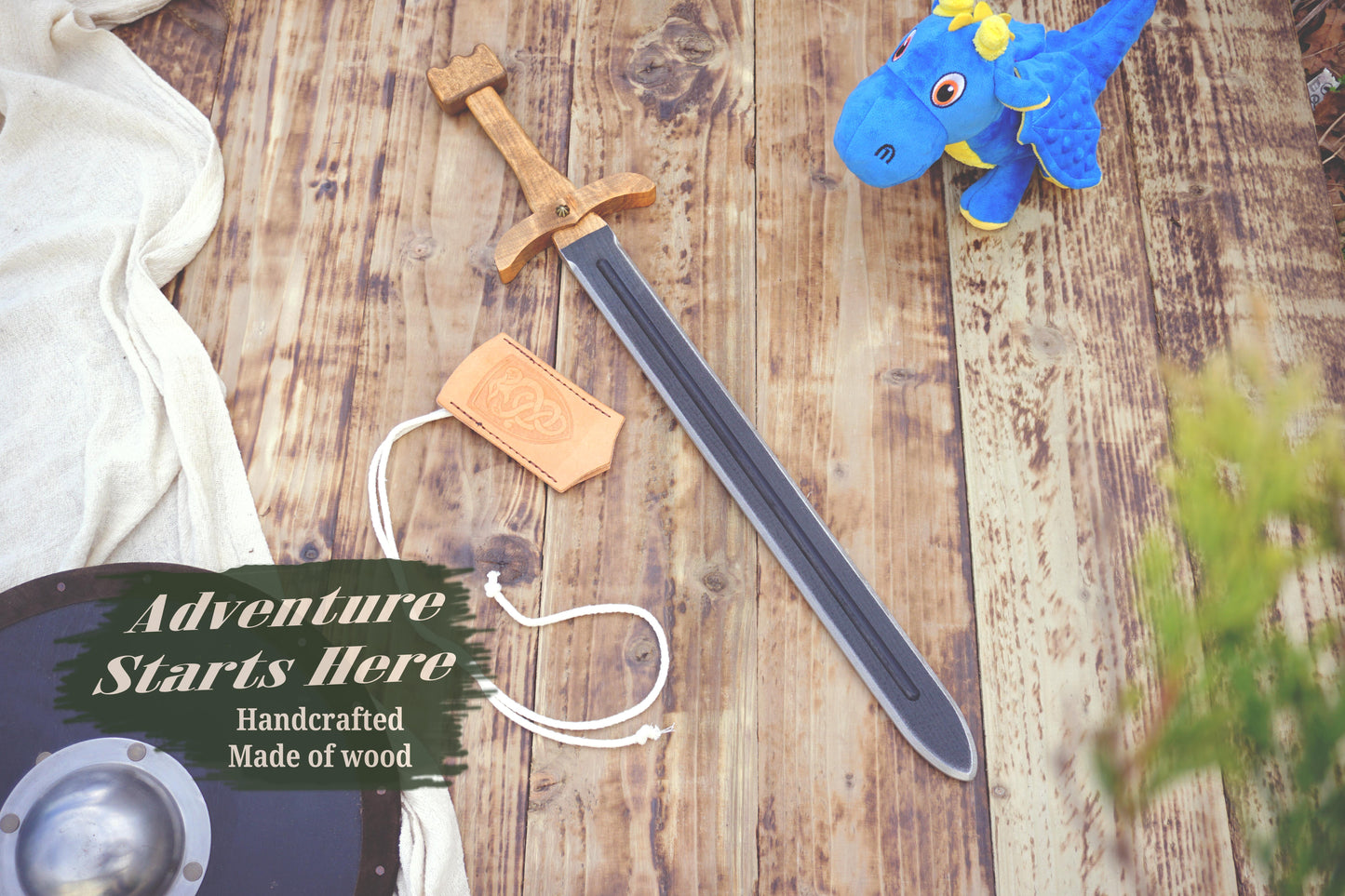 Wooden Viking Toy Sword with Leather Scabbard – Handmade, Personalised Toy - A