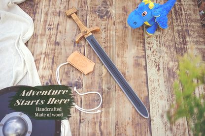 Wooden Viking Toy Sword with Leather Scabbard – Handmade, Personalised Toy - A
