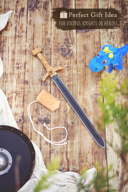 Wooden Viking Toy Sword with Leather Scabbard – Handmade, Personalised Toy - A