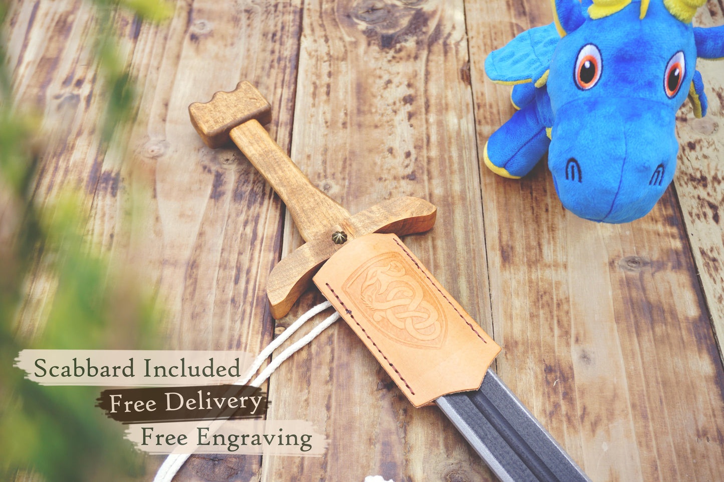 Wooden Viking Toy Sword with Leather Scabbard – Handmade, Personalised Toy - A
