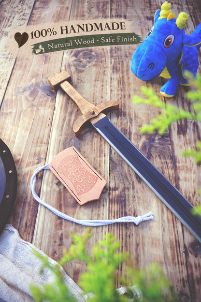 Wooden Viking Toy Sword with Leather Scabbard – Handmade, Personalised Toy - A