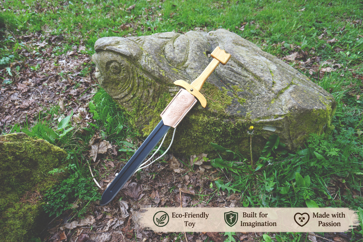Wooden Viking Toy Sword with Leather Scabbard – Handmade, Personalised Toy - A